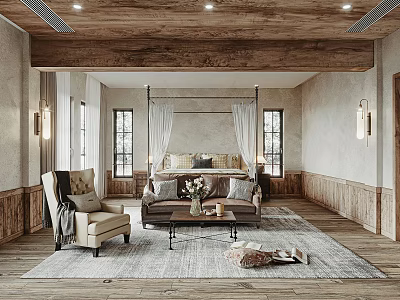 Rustic Bedroom Interior Featuring Four Poster Bed Wooden Ceiling Area Rug Accent Chair And Windows 3d model