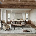 Rustic Bedroom Interior Featuring Four Poster Bed Wooden Ceiling Area Rug Accent Chair And Windows