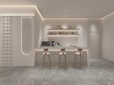 Modern Break Room Interior With Open Bar Counter Three Wooden Bar Stools Recessed Lighting And Shelves 3d model