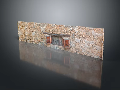 Rustic Stone Wall With Red Wooden Shutter Windows And Traditional Masonry 3d model