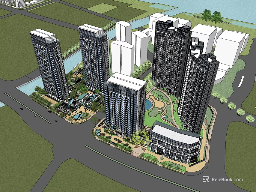 Modern Residential Complex With High Rise Buildings Greenery And Landscaped Areas 3d model 
