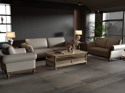 Classic Retro Genuine Leather Sofa And Coffee Table Set For Elegant Modern Living Room Interior 3d model