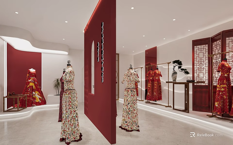 Wedding Dress Store Elegant Modern Interior With Red Floral Patterned Dresses Display Racks Plants 3d model 