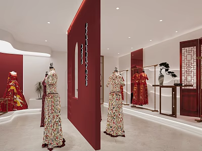 Wedding Dress Store Elegant Modern Interior With Red Floral Patterned Dresses Display Racks Plants 3d model