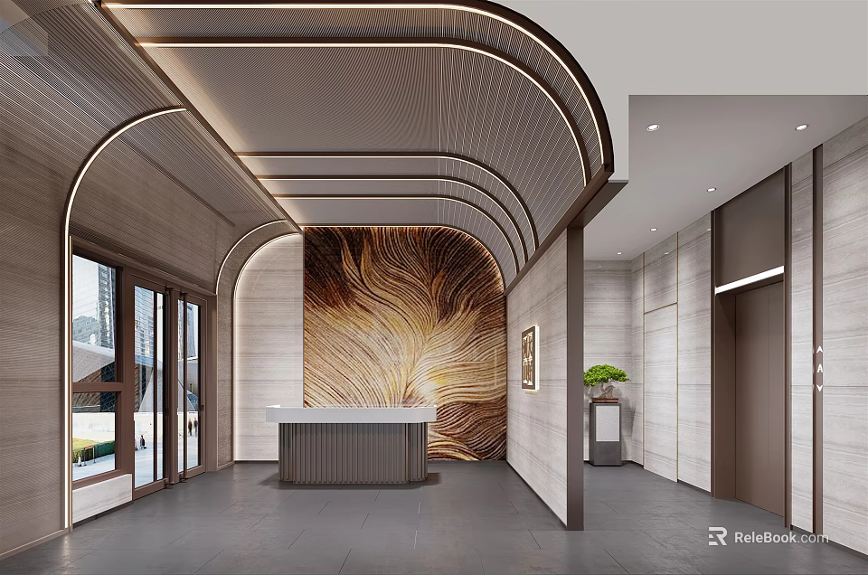 Elevator Lobby Contemporary Design With Textured Feature Wall Recessed Lights Wooden Desk And Green Plant 3d model 