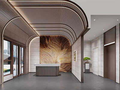 Elevator Lobby Contemporary Design With Textured Feature Wall Recessed Lights Wooden Desk And Green Plant 3d model