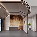 Elevator Lobby Contemporary Design With Textured Feature Wall Recessed Lights Wooden Desk And Green Plant
