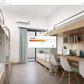 School Dormitory Room With Bunk Beds Study Desks Laptops And Bookshelves