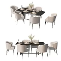Modern Dining Table Set With Black Tabletop Six Chairs Flower Arrangement And Tableware Decor 3d model