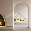 Modern Fireplace With Burning Flames In White Arched Interior Design Space 3d model