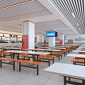 Spacious Clean Dining Hall Interior With Tables Chairs And Food Counters