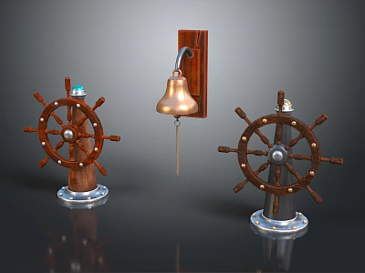 Vintage Wooden Ship Wheels With Brass Bell For Home Decorative 3d model