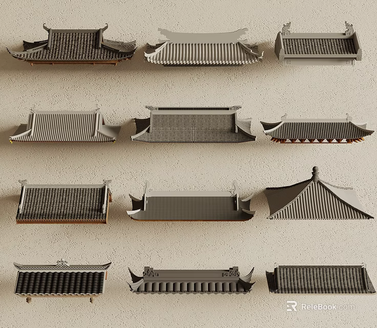 Traditional Chinese Roof Components Displaying Various Architectural Styles And Tile Designs 3d model 