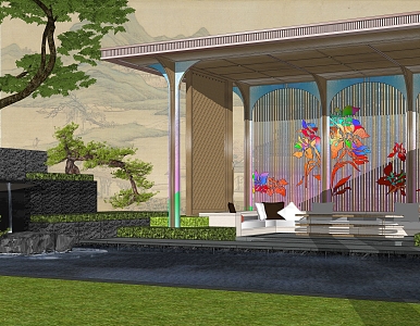 Chinese-style water-dropping peony pavilion porch 3d model