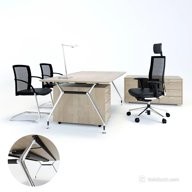 Modern Office Desk With Wooden Top Metal Frame Drawer Cabinet And Office Chairs 3d model 