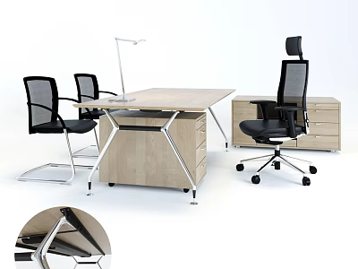 Modern Office Desk With Wooden Top Metal Frame Drawer Cabinet And Office Chairs 3d model