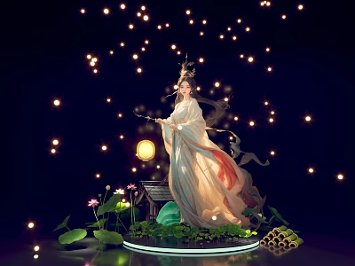 Ethereal Traditional Attire Female Figure With Floating Lights Lotus And Moon Lantern 3d model