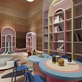 Pastel Colored Bookshelves Round Table Blue Chairs In Playful Interior Space With Soft Lighting