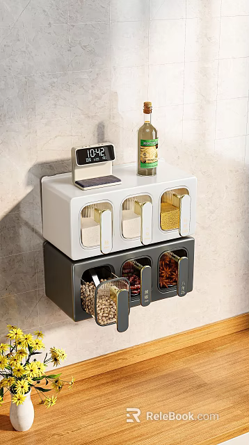 Spice Bottles in Wall Mounted Kitchen Storage Organizer with Transparent Windows and Timer 3d model 