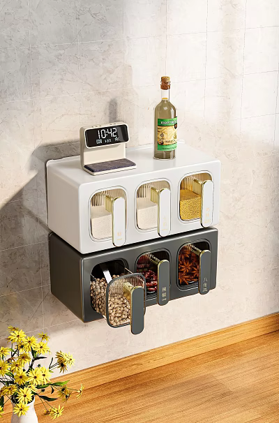 Spice Bottles in Wall Mounted Kitchen Storage Organizer with Transparent Windows and Timer 3d model