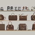 Stylish Assorted Handbags And Different Shoes On Wooden Shelves Display Collection
