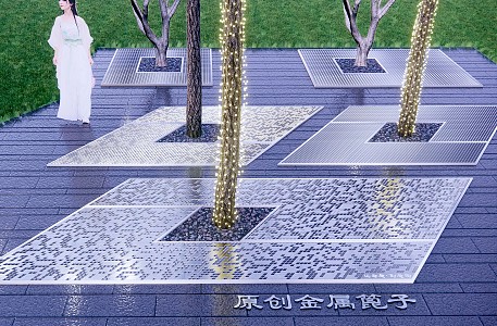 Tree Pool Grate Combination Metal Grate Cover Diamond Tree Pool Steel Grid Perforated Plate Star Lamp Landscape 3d model