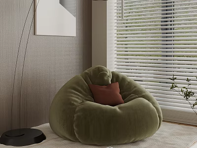 Green Velvet Bean Bag Chair With Brown Cushion And Window Blinds In Cozy Room 3d model