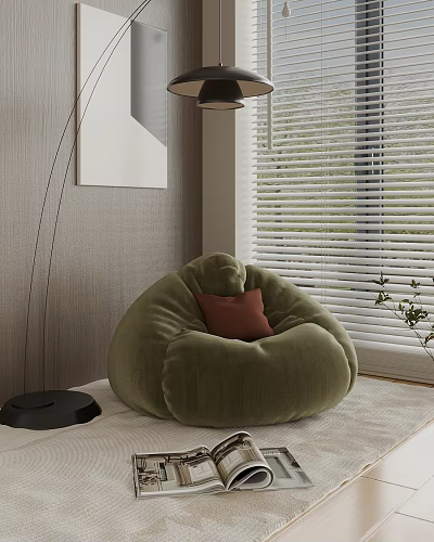 Green Velvet Bean Bag Chair With Brown Cushion And Window Blinds In Cozy Room 3d model
