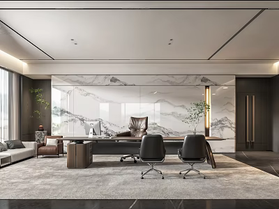 Modern Office Interior With Marble Landscape Backdrop Desk Black Chairs Gray Sofa And Green Plants 3d model