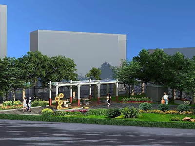 Outdoor Lockers In Park Setting With Green Plants Pavilion And People Walking 3d model
