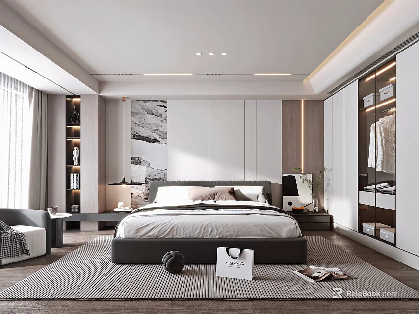 Modern Bedroom Interior With Large Bed Gray Rug And Built In Wardrobe 3d model 