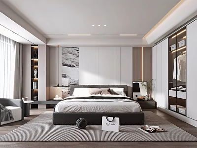 Modern Bedroom Interior With Large Bed Gray Rug And Built In Wardrobe 3d model