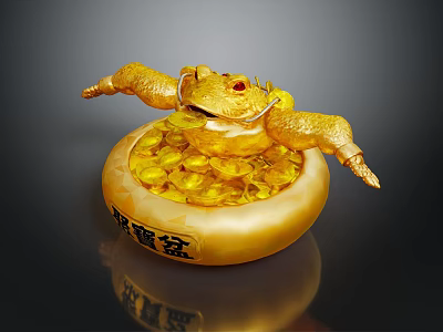 Exquisite Golden Toad Sculpture Carving with Gold Coins in Treasure Bowl 3d model