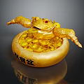 Exquisite Golden Toad Sculpture Carving with Gold Coins in Treasure Bowl