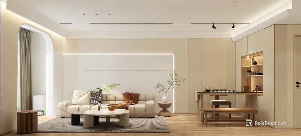 Modern Living and Dining Room Interior With Sofa Coffee Table and Decorative Plants 3d model 