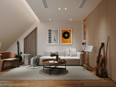 Modern Loft Piano Room With Music Decor And Instruments 3d model