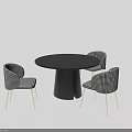 Round Dining Table Set With Dark Tabletop Black Base And Three Checkered Gold Leg Chairs 3d model