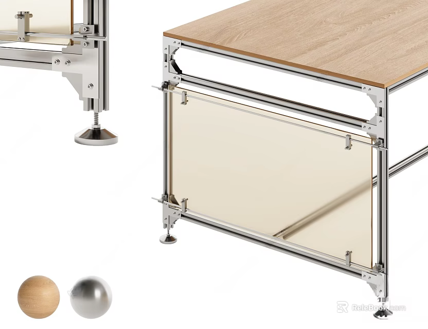 Contemporary Office Desk Featuring Wooden Top Metal Frame Transparent Drawer And Adjustable Feet 3d model 