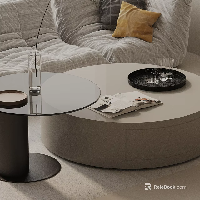 Modern Sofa and Coffee Table Set With Glass Top Round Tables Magazines and Tray 3d model 