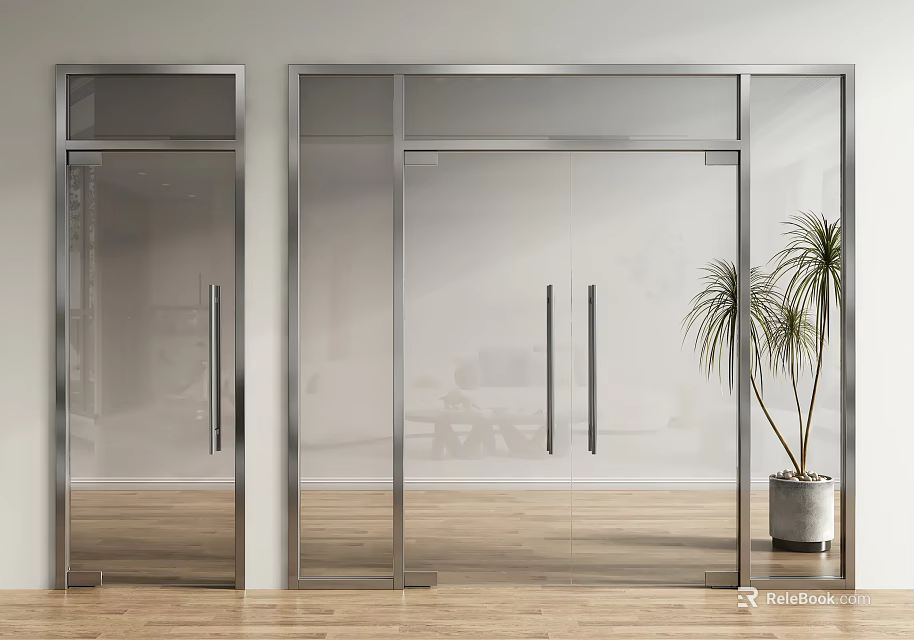 Modern Interior With Glass Doors Metal Frames And Potted Plant 3d model 