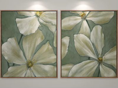 Two Hanging Floral Paintings Featuring White Flowers on Green Background Wall Art 3d model
