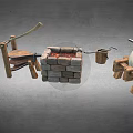 Traditional Decorative Ornament Set With Stone Mill Mortar And Wooden Structures