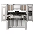 Classic White Kitchen Cabinets with Glass Door Design Black Marble Countertop Oven and Range Hood