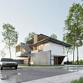 Modern Detached Villa with Unique Roof Design Surrounded by Trees and Large Windows