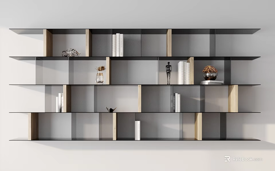 Modern Bookcase With Open Compartments Books And Decor In Gray Wooden Tones 3d model 