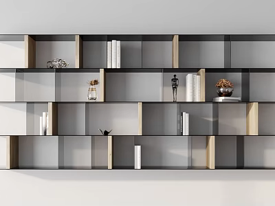 Modern Bookcase With Open Compartments Books And Decor In Gray Wooden Tones 3d model