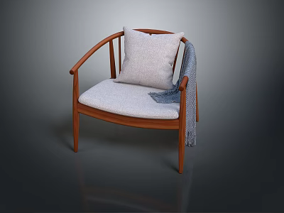Modern Wooden Frame Leisure Chair With Light Gray Cushion Pillow And Armrest Blanket 3d model