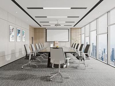 Modern Conference Room Interior Design With Large Windows City View And Projection Screen 3d model
