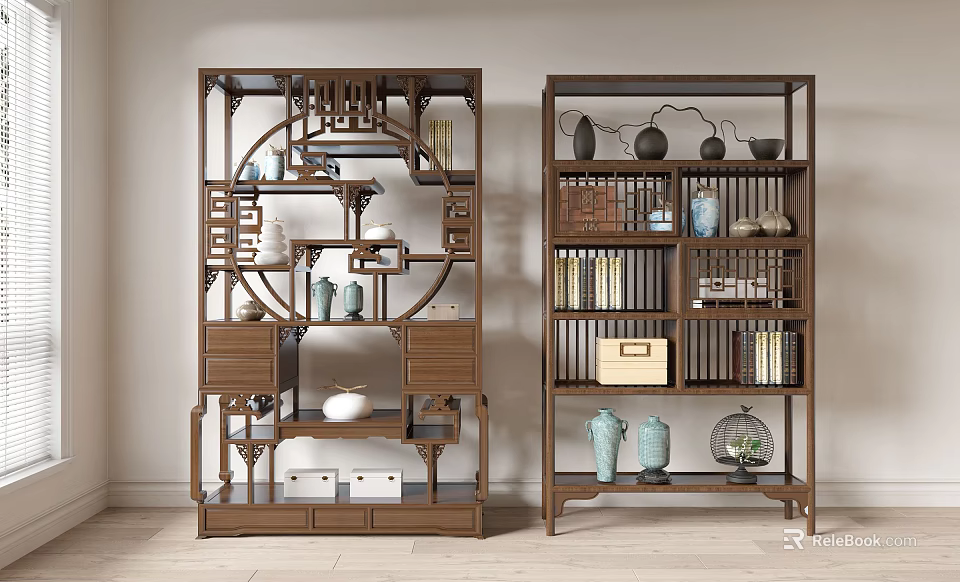 Traditional Chinese Carved Wooden Display Shelf With Vases Books Antiques And Decorative Items 3d model 