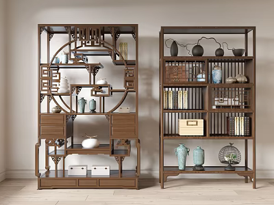 Traditional Chinese Carved Wooden Display Shelf With Vases Books Antiques And Decorative Items 3d model